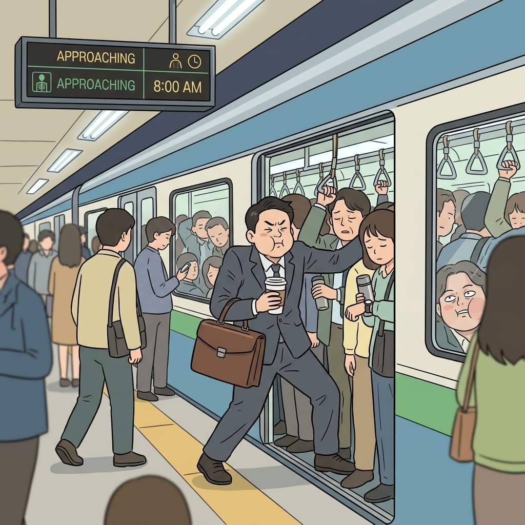 출근하는 직장인이 만원 지하철에 간신히 비집고 들어간다.