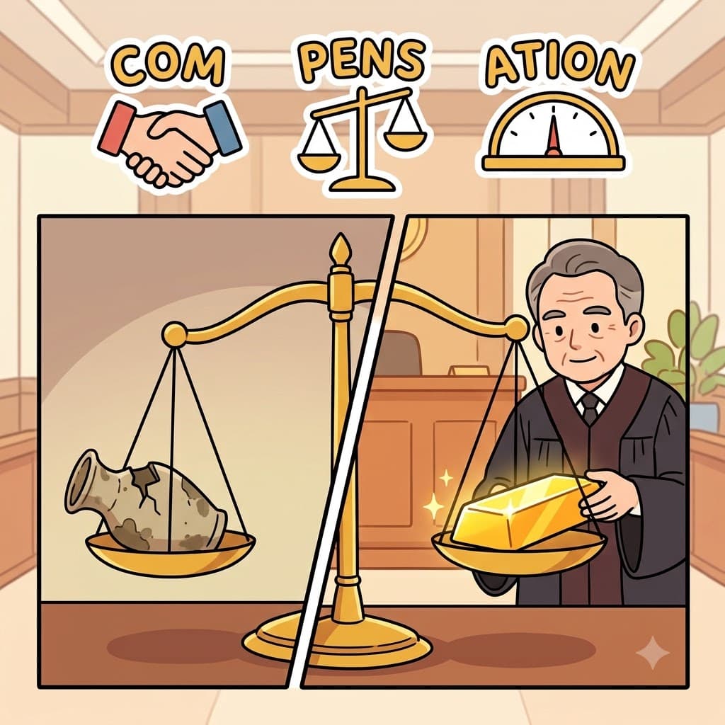 COM(함께) + PENS(무게를 달다) + ATE(하게 하다) — 판사는 피해의 가치를 따져 피해자에게 공정하게 보상했다.
