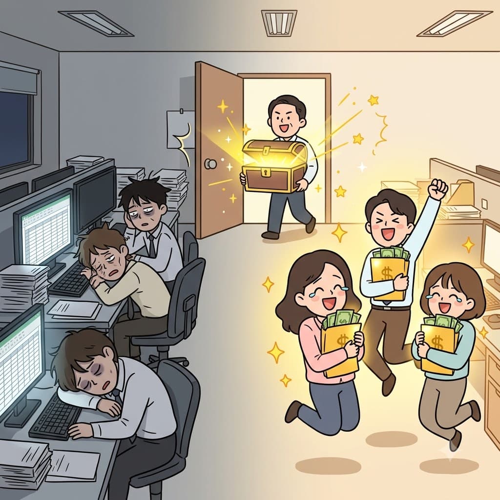 사장은 지친 직원들의 야근을 보상해 주기로 하면서 큰 화제(sensation)를 일으켰다.