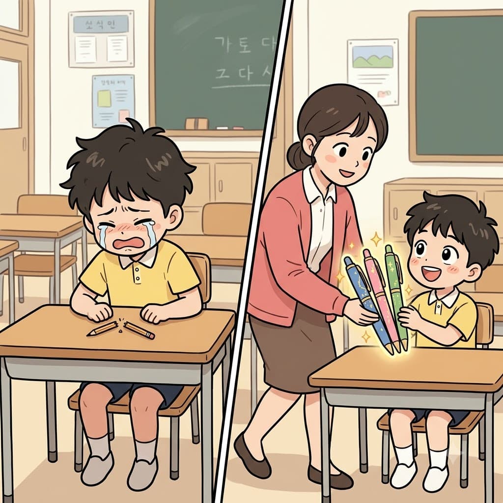 "큰(com) 펜(pen) 세(sa) 개 션(tion/시원)하게 줄게!" 새 물건들을 건네주며, 선생님은 우는 소년에게 부러진 연필에 대한 후한 보상(compensation)을 주었다.