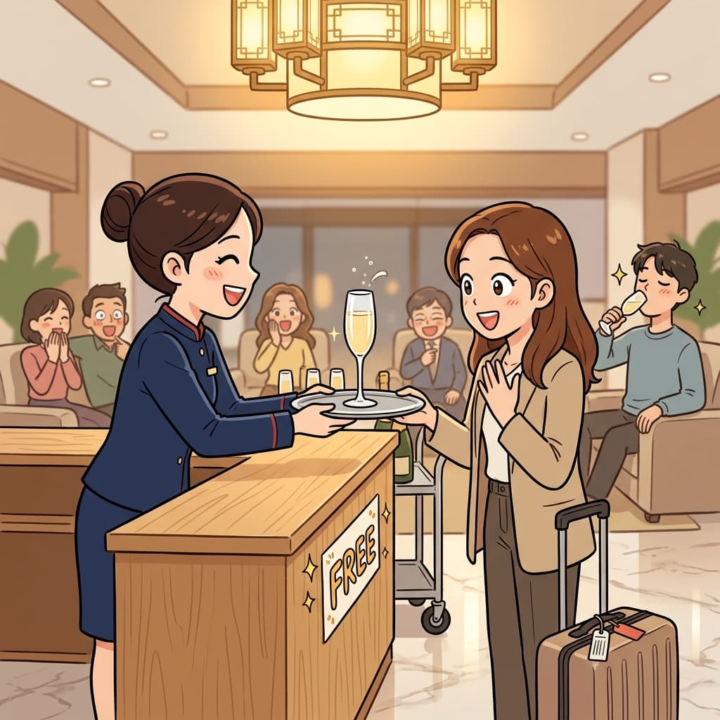호텔에서 체크인하는 손님 모두에게 무료 샴페인을 줬다.