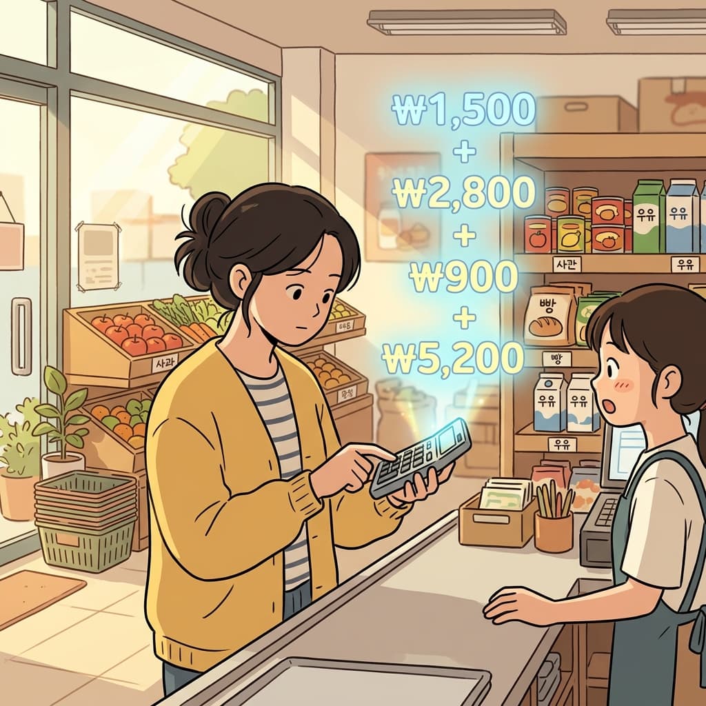 그녀는 계산기로 장바구니 총액을 빠르게 계산했다.