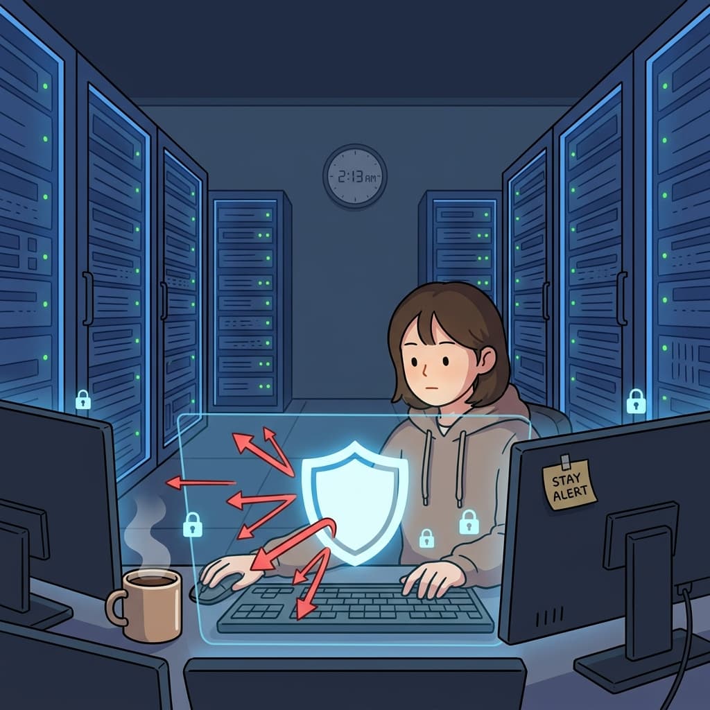 야근 중인 보안 담당자가 회사 서버를 지키고 있다.