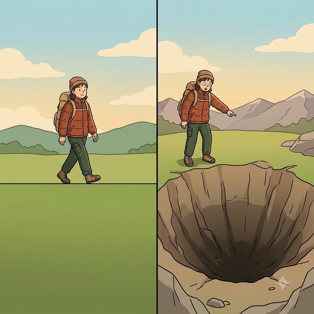 "마치 큰(con) 케이브(cave/동굴)처럼 파였네!" 거대한 분화구를 보며, 등산객은 그 깊고 오목한(concave) 모양에 경이로워했다.
