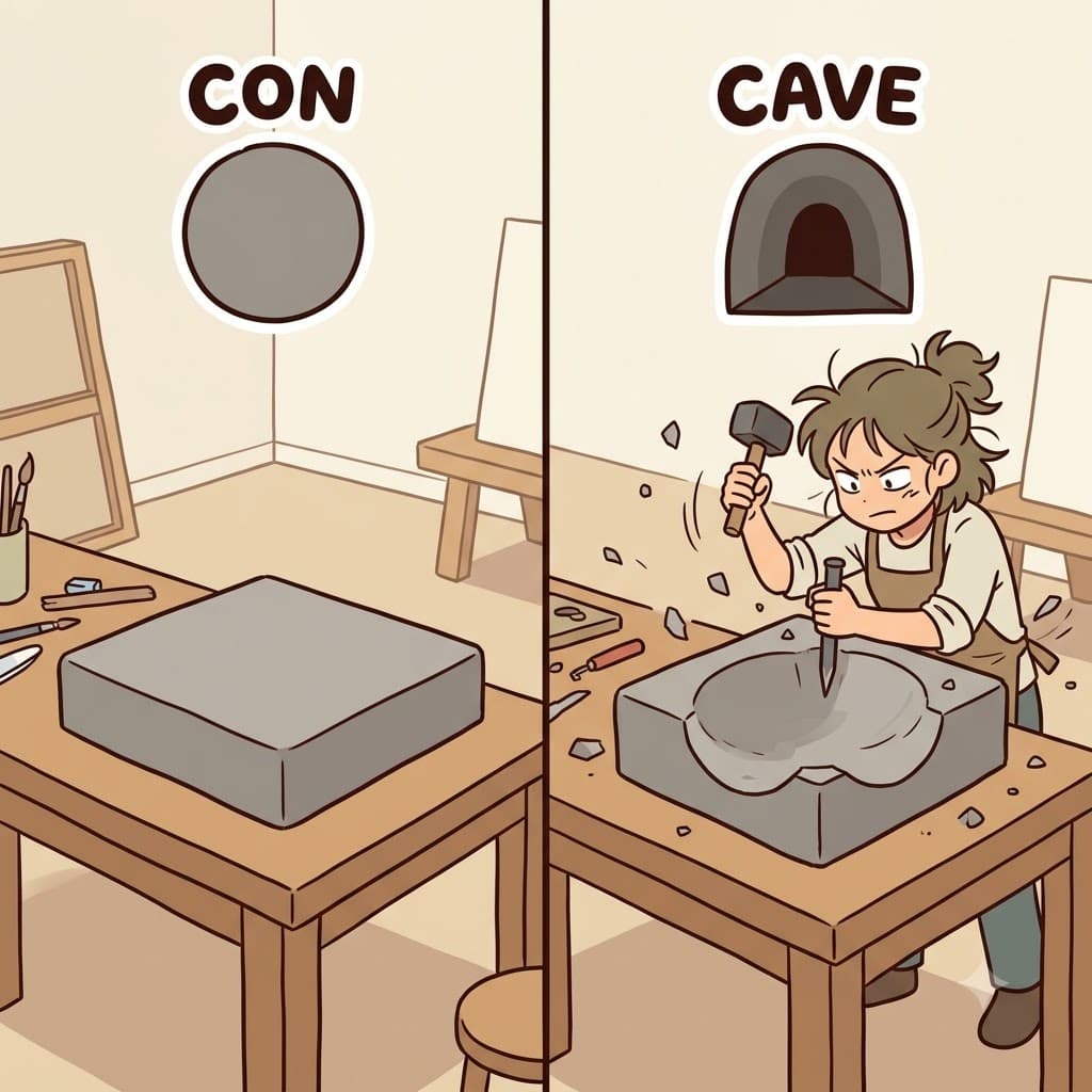 CON(완전히) + CAVE(동굴/파인 곳) — 돌을 동굴(CAVE)처럼 완전히(CON) 텅 비게 조각함으로써, 예술가는 아름답고 오목한(concave) 그릇을 만들었다.