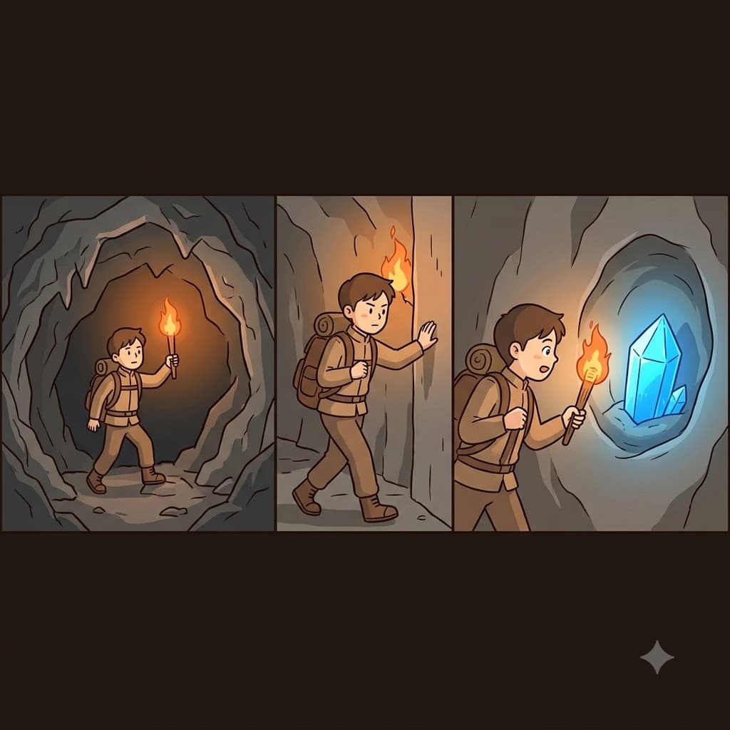 어두운 돌 동굴(cave) 깊숙이 걸어 들어가며, 탐험가는 벽의 오목한(concave) 구멍 안에 숨겨진 빛나는 푸른 크리스털을 발견했다.