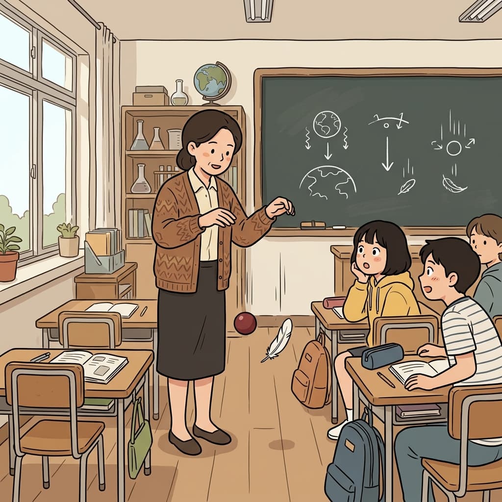 선생님은 간단한 실험으로 중력의 개념을 설명했다.