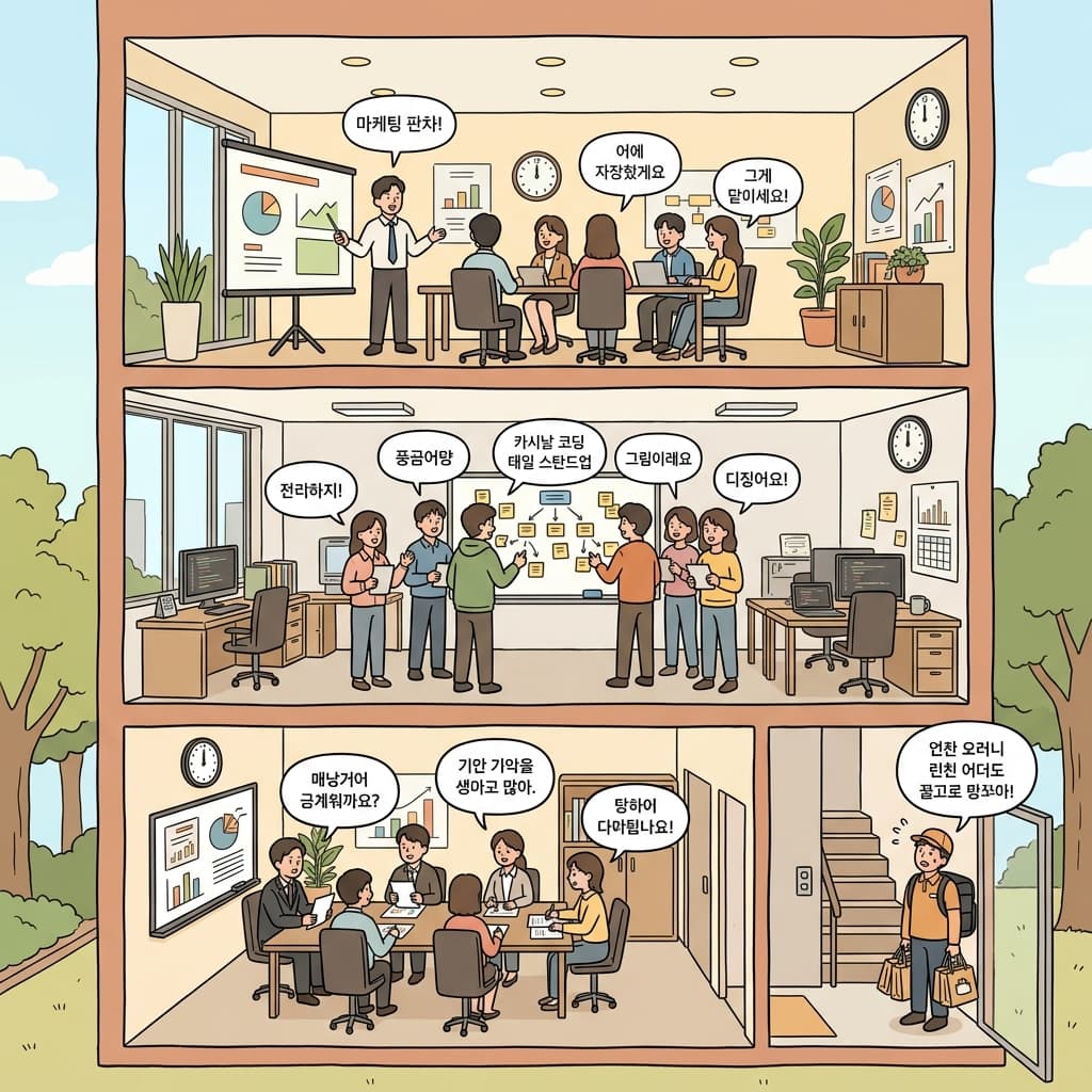 정오에 같은 건물 세 층에서 회의가 동시에 열리고 있다.