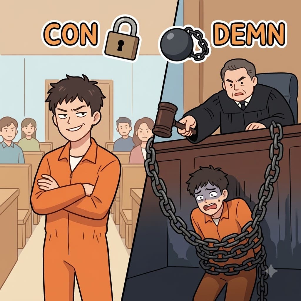 CON(완전히) + DEMN(처벌하다) — 그의 끔찍한 범죄를 완전히(CON) 처벌하기(DEMN)로 결정하며, 법원은 그에게 징역을 선고했다(condemn).