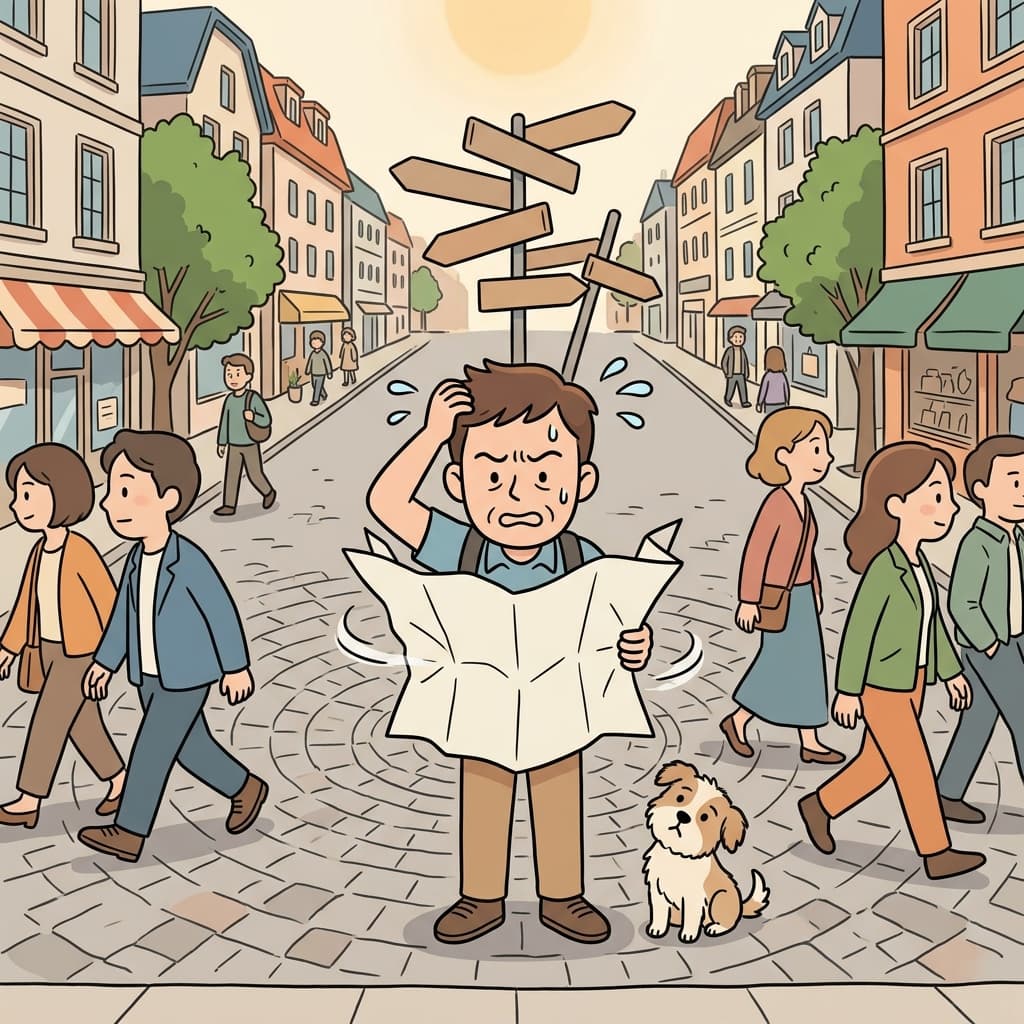 관광객이 지도를 보다가 길에서 완전히 헷갈려 한다.