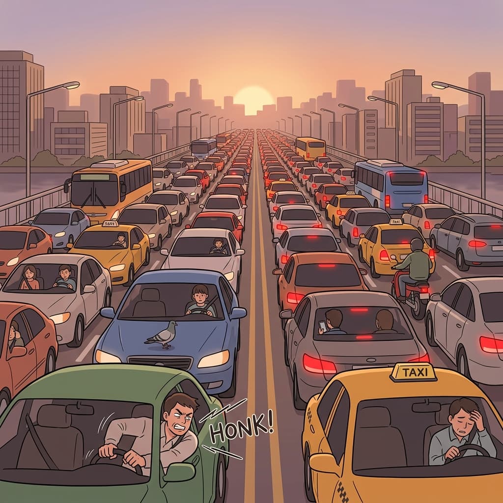 퇴근 시간 다리 위가 차들로 꽉 막혀서 아무도 못 움직인다.