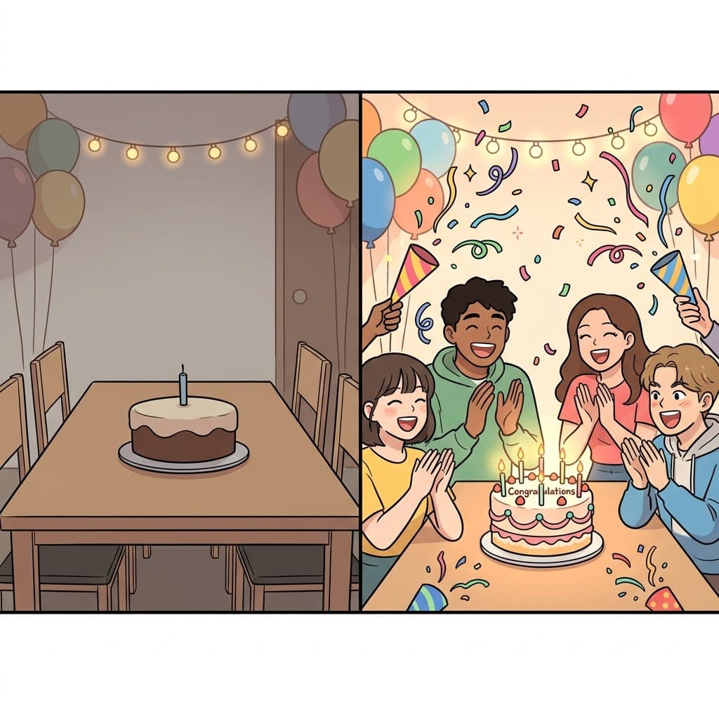 "축하 파티가 최고야!" 케이크가 잘릴 때 모두가 콩그레츄레이션(congratulations)을 외쳤다.
