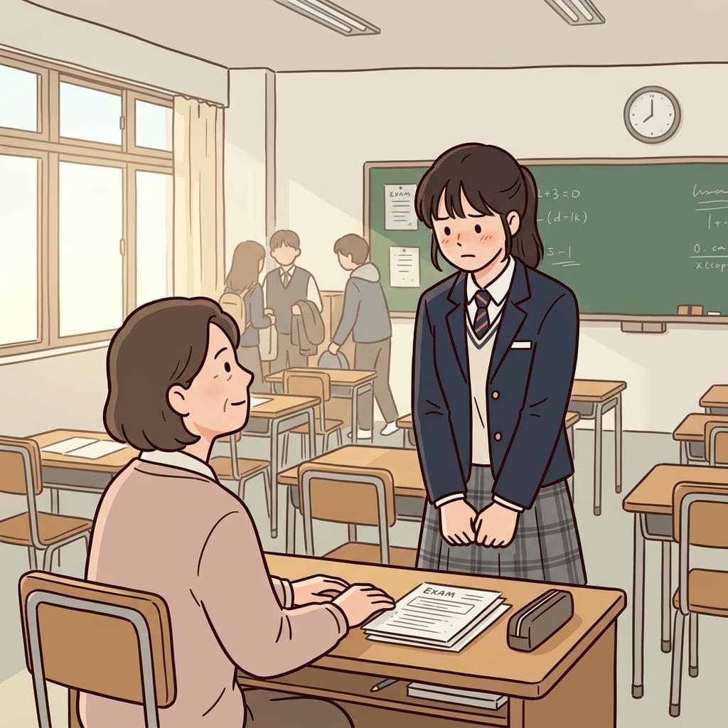 그녀는 양심을 따라 시험에서 컨닝한 사실을 솔직하게 고백했다. ("컨닝 싫었어!" → 컨닝을 하고도 양심 때문에 결국 사실을 고백한다)