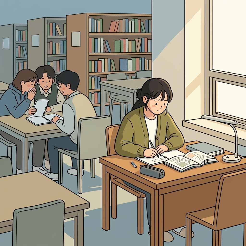 학생은 모든 숙제를 양심적으로 제시간에 끝냈다. ("컨닝 싫었지요!" → 컨닝하지 않고 양심적으로 공부한다)
