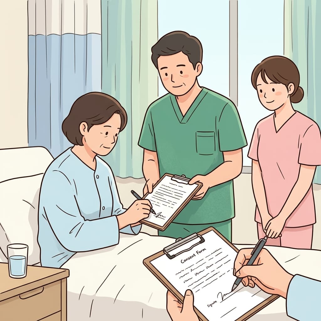 수술 전에 그녀는 동의서에 서명했다.