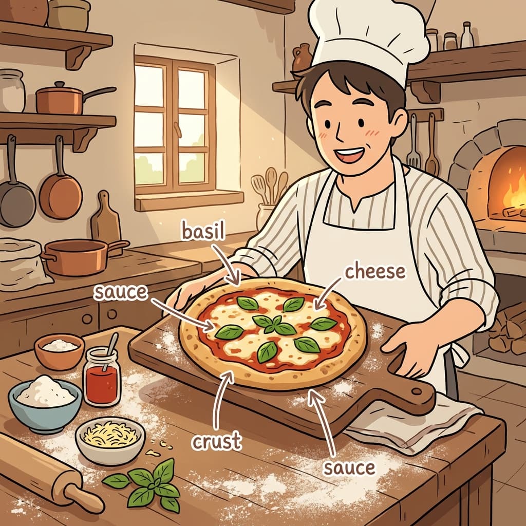 피자는 도우, 소스, 치즈, 바질로 이루어져 있다.