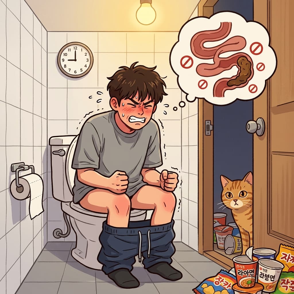 며칠 동안 인스턴트만 먹더니 결국 변비로 변기에서 끙끙대고 있다.