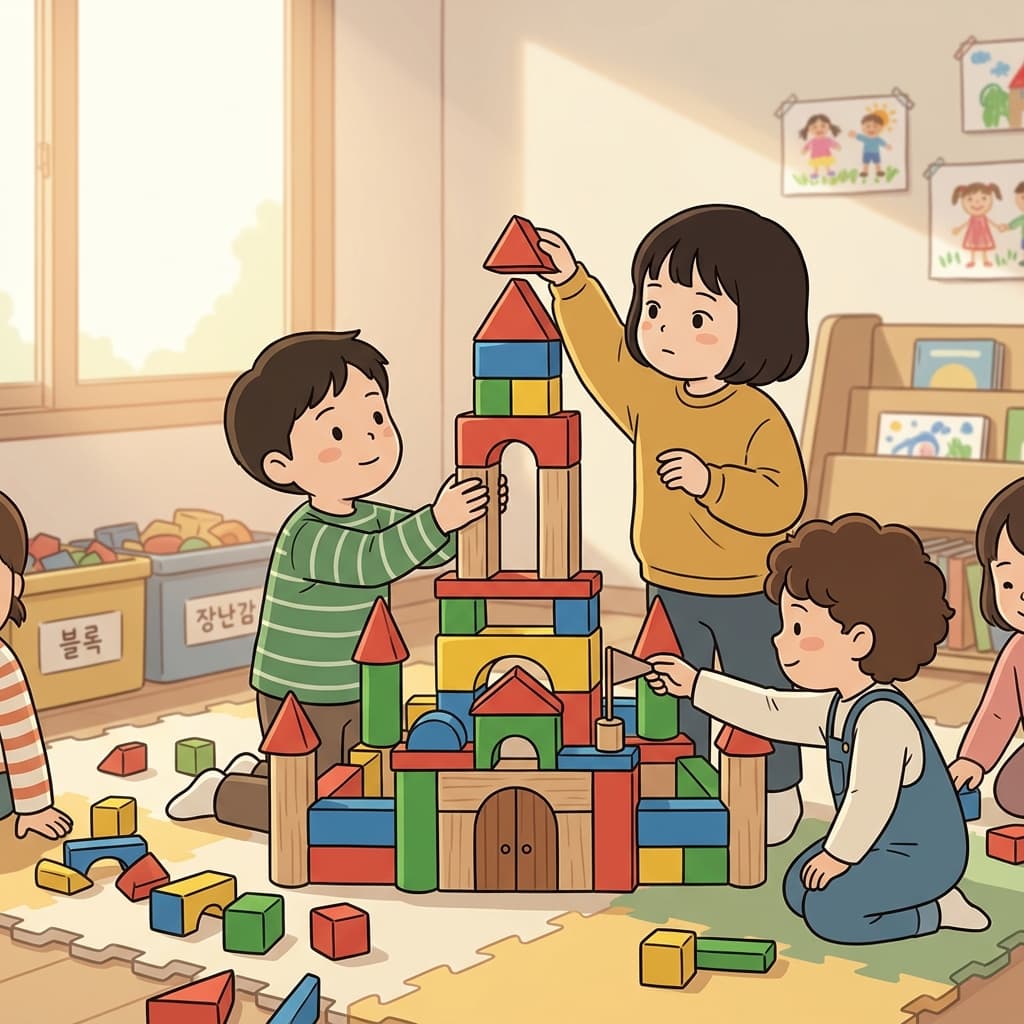 아이들은 블록을 하나씩 쌓아 높은 성을 만들었다. ("콘(Concrete)으로 스트럭(Structure)!")