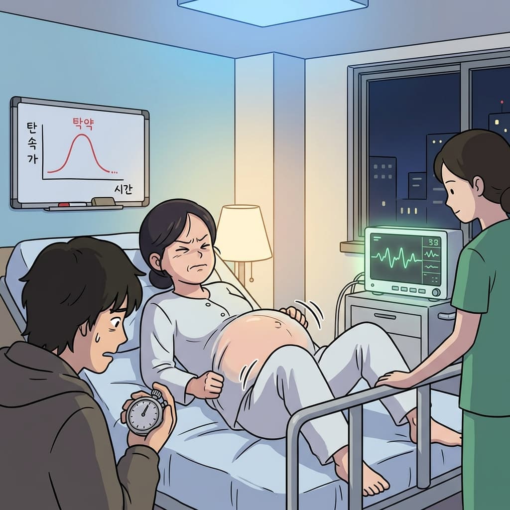 갑작스러운 진통에 산모가 침대를 꽉 붙잡았다.