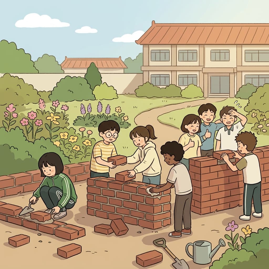 학생들은 한 사람씩 벽돌 하나를 보태 학교 정원 담장을 함께 만들었다. (con(함께) + tribute(바치다))