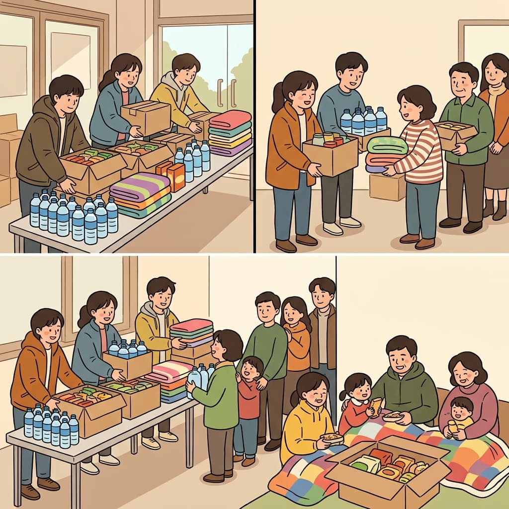 자원봉사자들은 구호 물품을 보태고, 가족들에게 나누어 주었으며, 모두가 그 도움을 받았다.