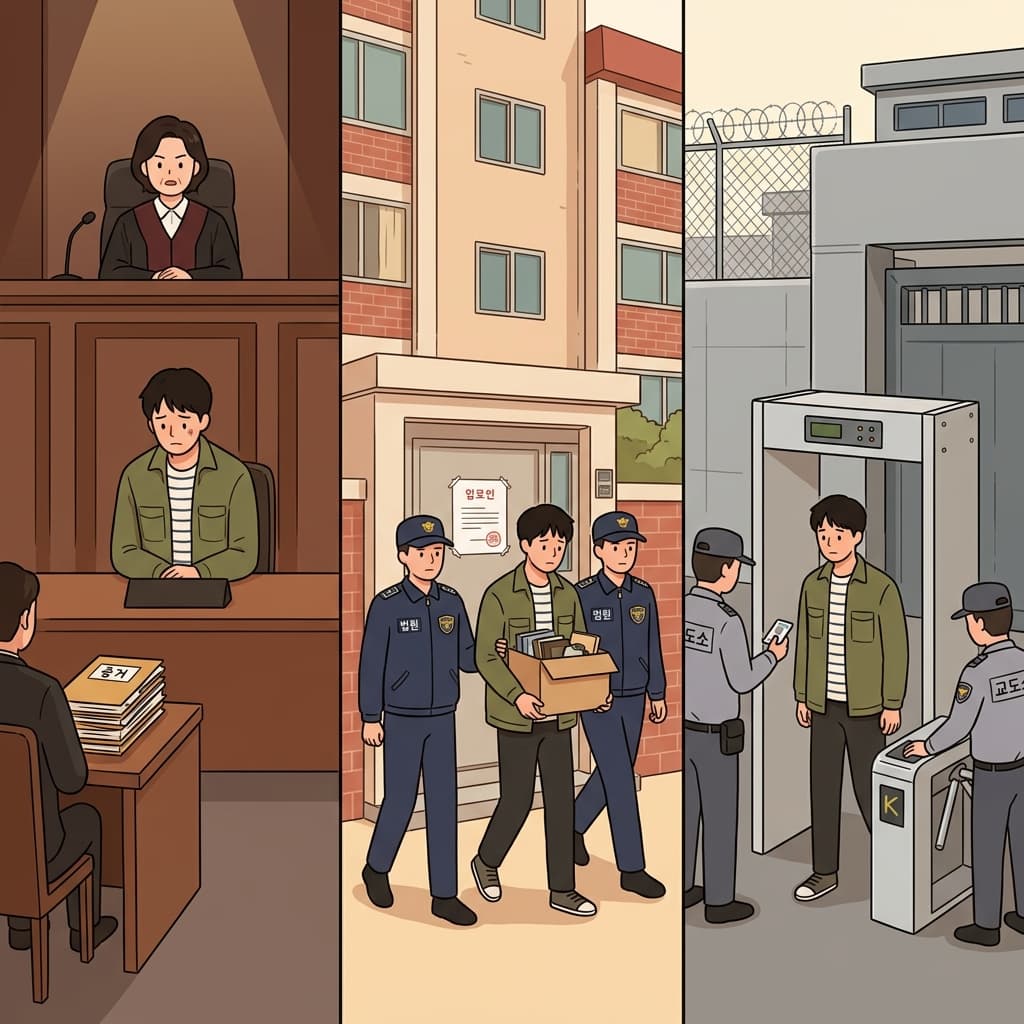 법원은 범죄자에게 유죄를 선고했고, 그를 건물에서 퇴거시켰으며, 자유를 제한했다.