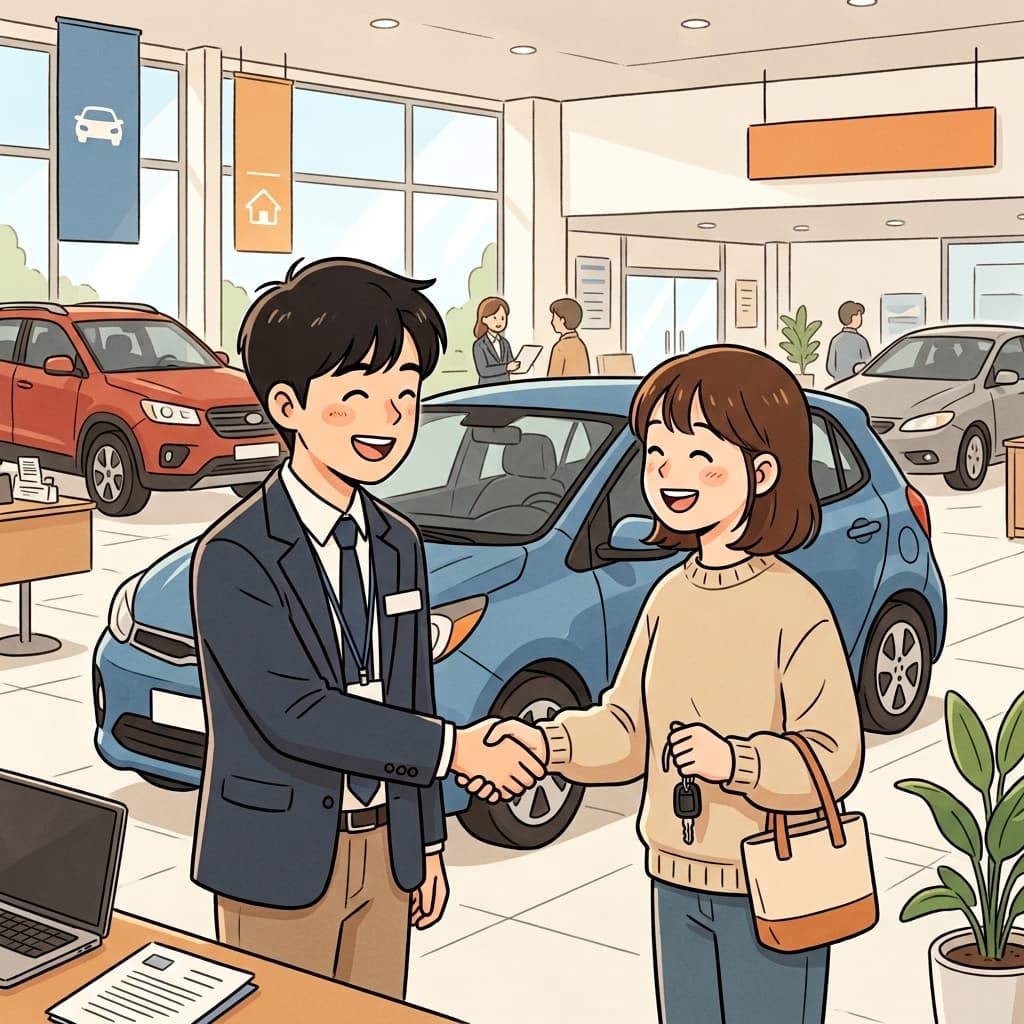 손님은 설득되어 새 차를 구입했다. (Come + Win. → 다가가 결국 마음을 Win한다.)