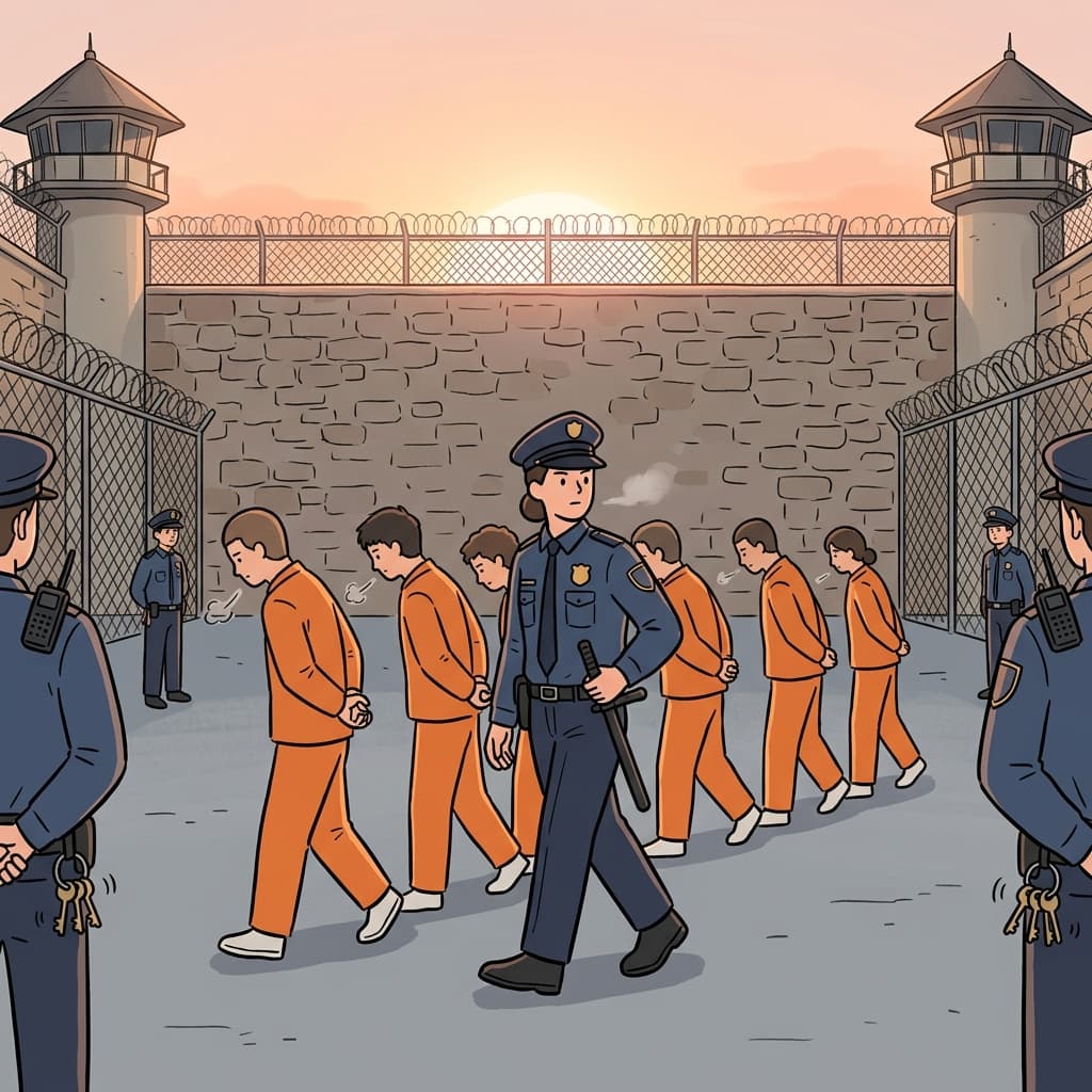 교도관이 새벽에 재소자들을 운동장으로 인솔한다.