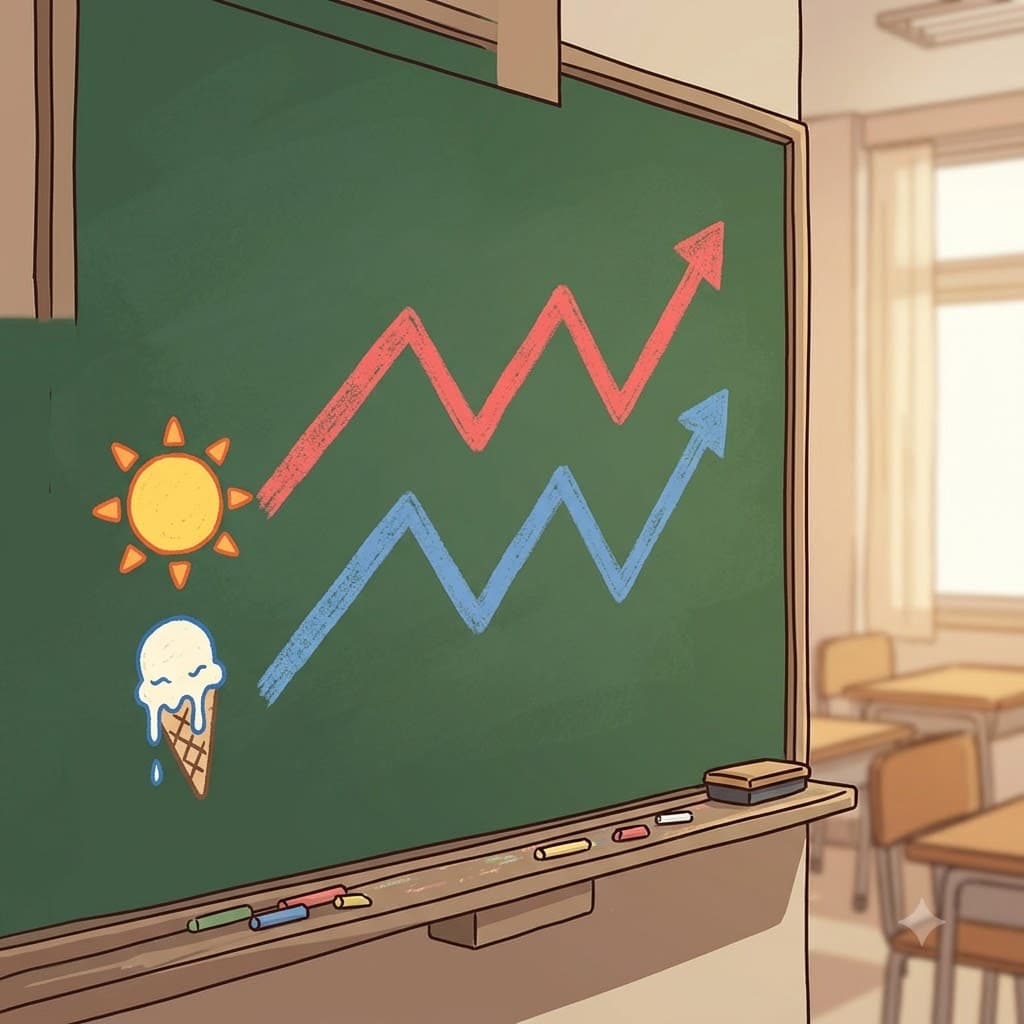 차트 위에서, 뜨거운 온도와 녹아내리는 아이스크림은 완벽하게 상관관계를 보였다(correlate).