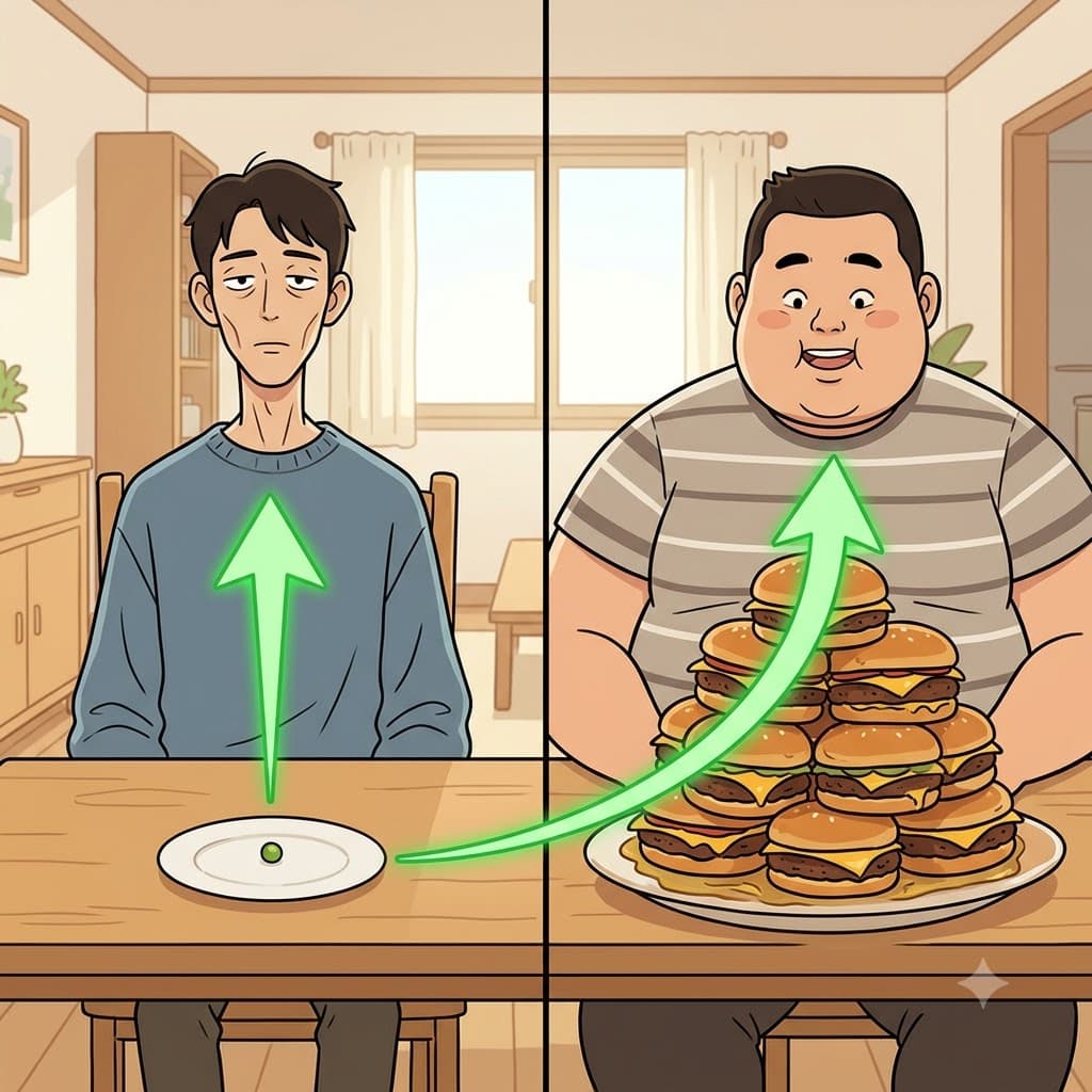 그의 접시(plate) 위 산더미 같은 음식은 늘어나는 체중과 직접적인 상관관계가 있다(correlate).