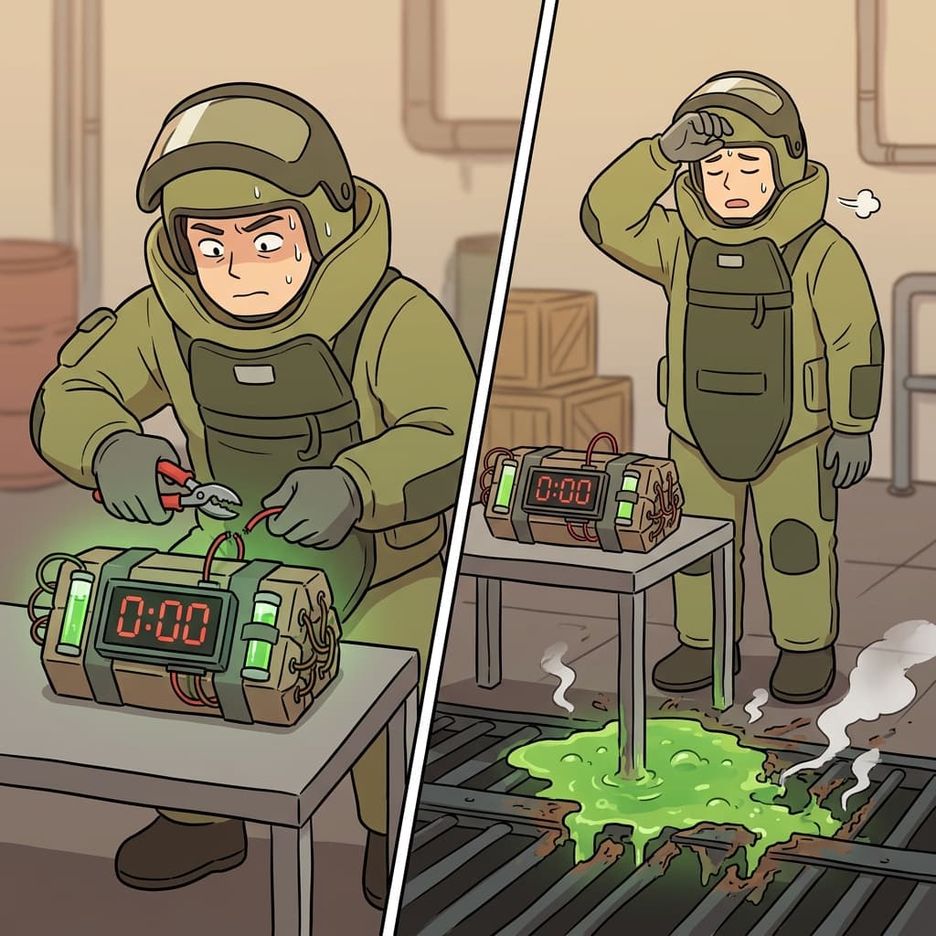 산성 폭탄은 폭발하지(explode) 않았지만, 흘러나온 액체가 바닥을 부식시키기(corrode) 시작했다.