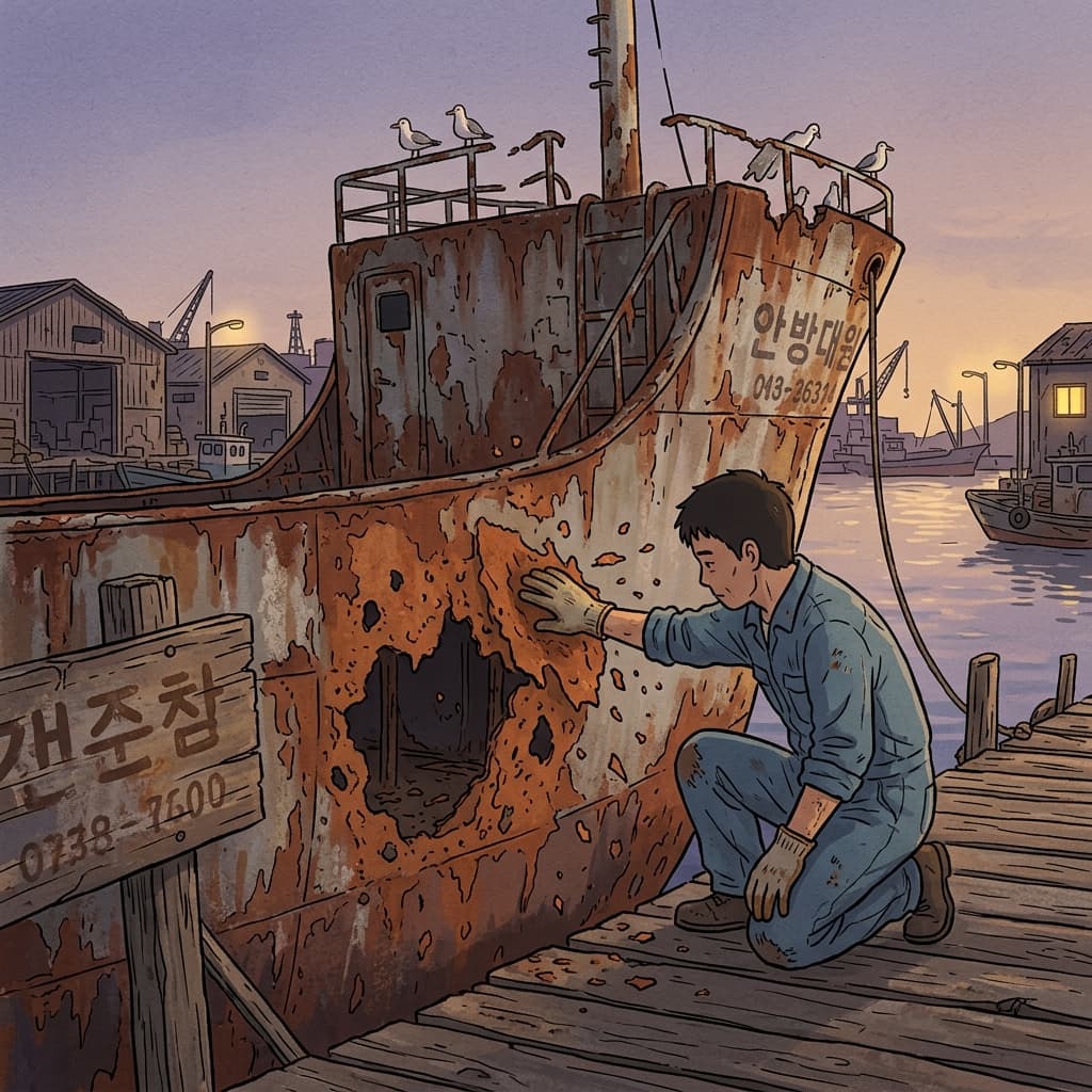 오래된 배의 철판이 바닷바람에 다 삭아버렸다.