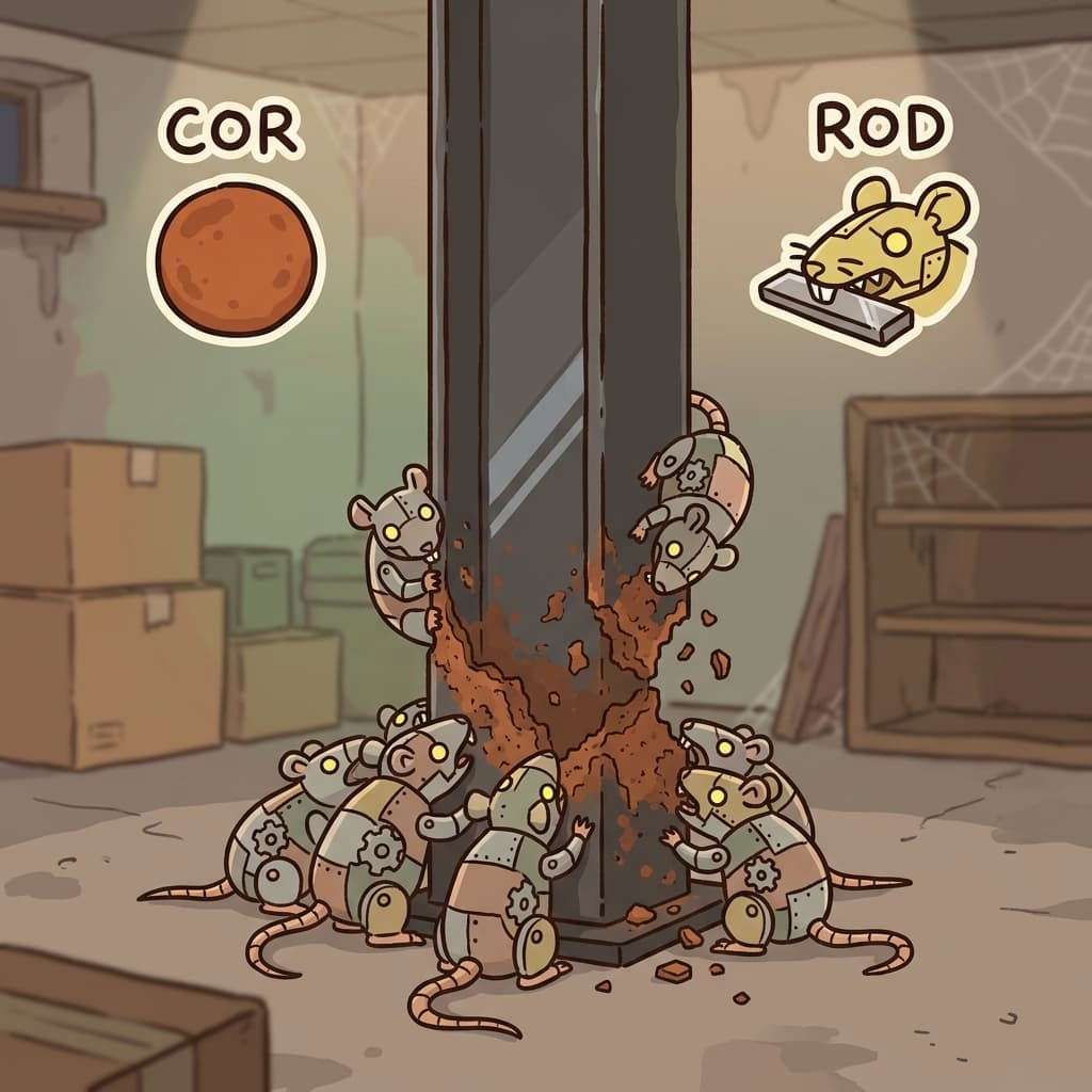 COR(완전히) + ROD(갉아먹다) + ION(결과) — 쇠를 먹는 쥐들이 지나간 뒤 강철 기둥에는 심한 부식(corrosion)이 남았다.