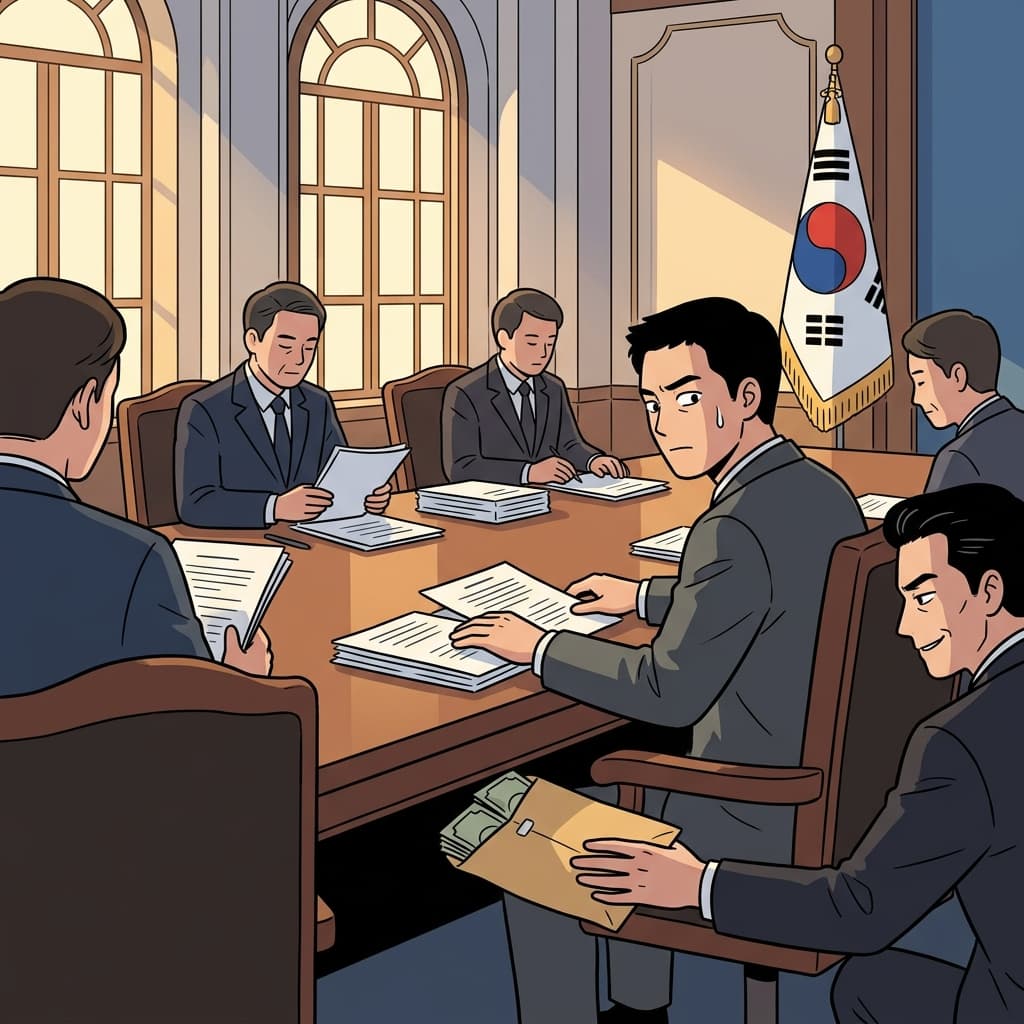 회의 중에 그 부패한 관료가 책상 밑으로 뇌물을 슬쩍 받았다.