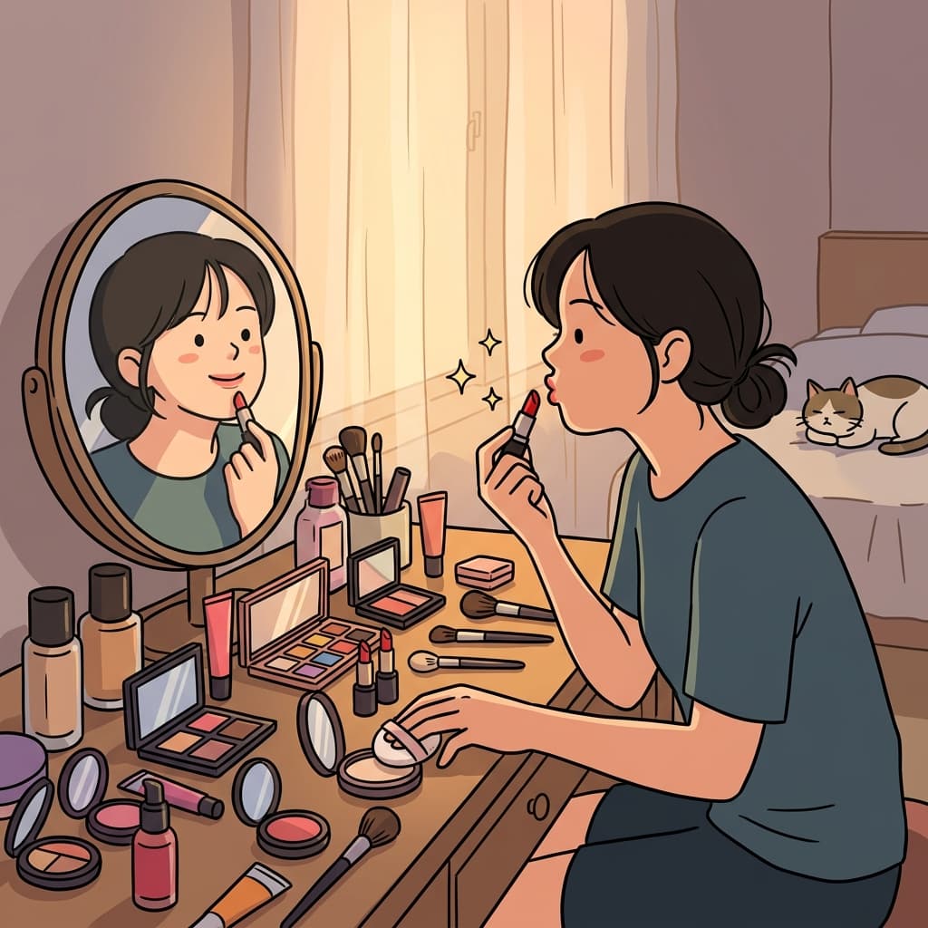외출 전, 화장대 위에 화장품을 가지런히 늘어놓는다.