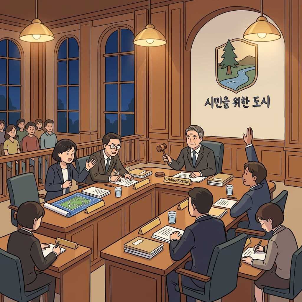 시의회가 밤늦게까지 새 공원 안건을 두고 토론 중이다.