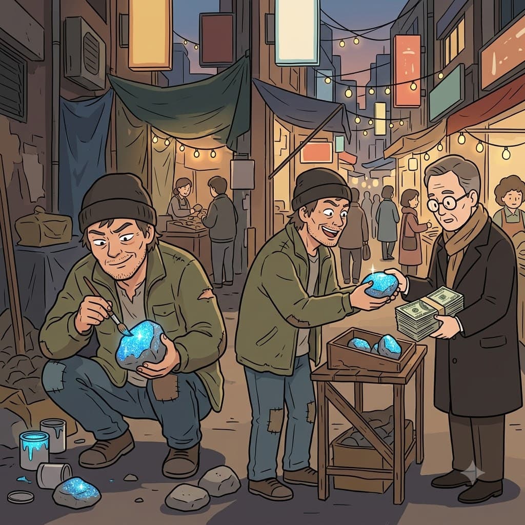 빠른 이윤(profit)을 남기기 위해, 악당은 색칠한 돌멩이를 가짜(counterfeit) 다이아몬드라고 속여 팔았다.