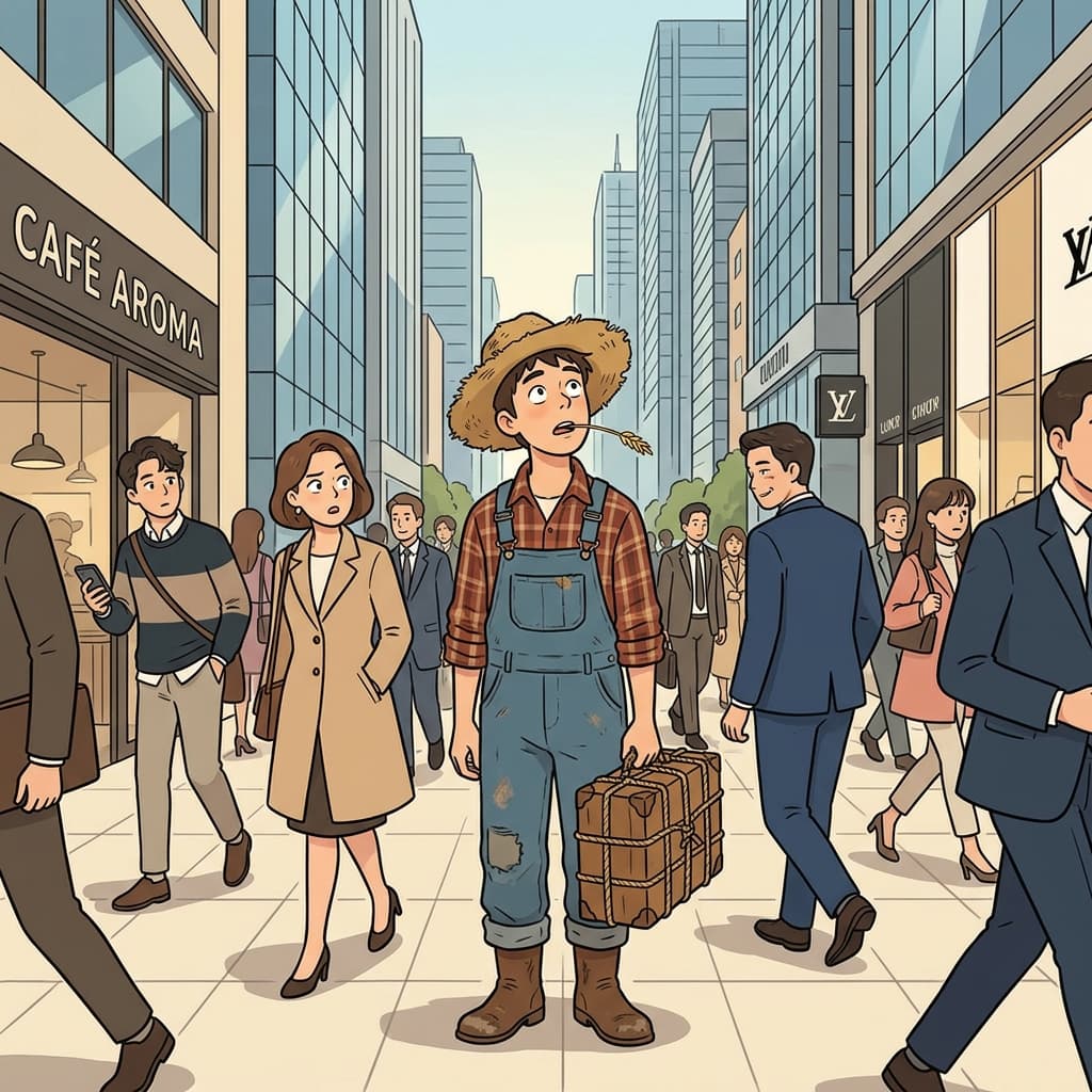 그의 촌스러운 옷차림이 도시에서 유난히 눈에 띈다.