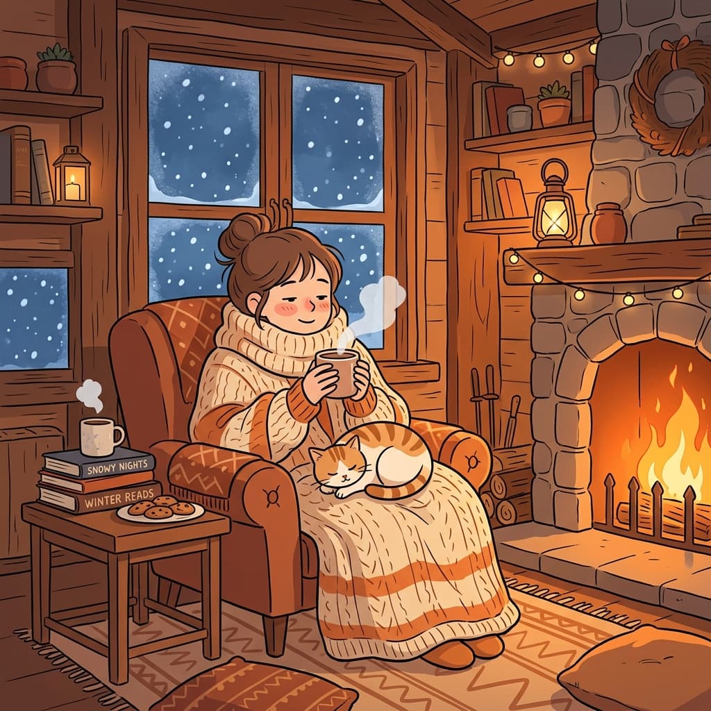 눈 오는 밤, 벽난로 앞 담요 속이 정말 아늑하다.