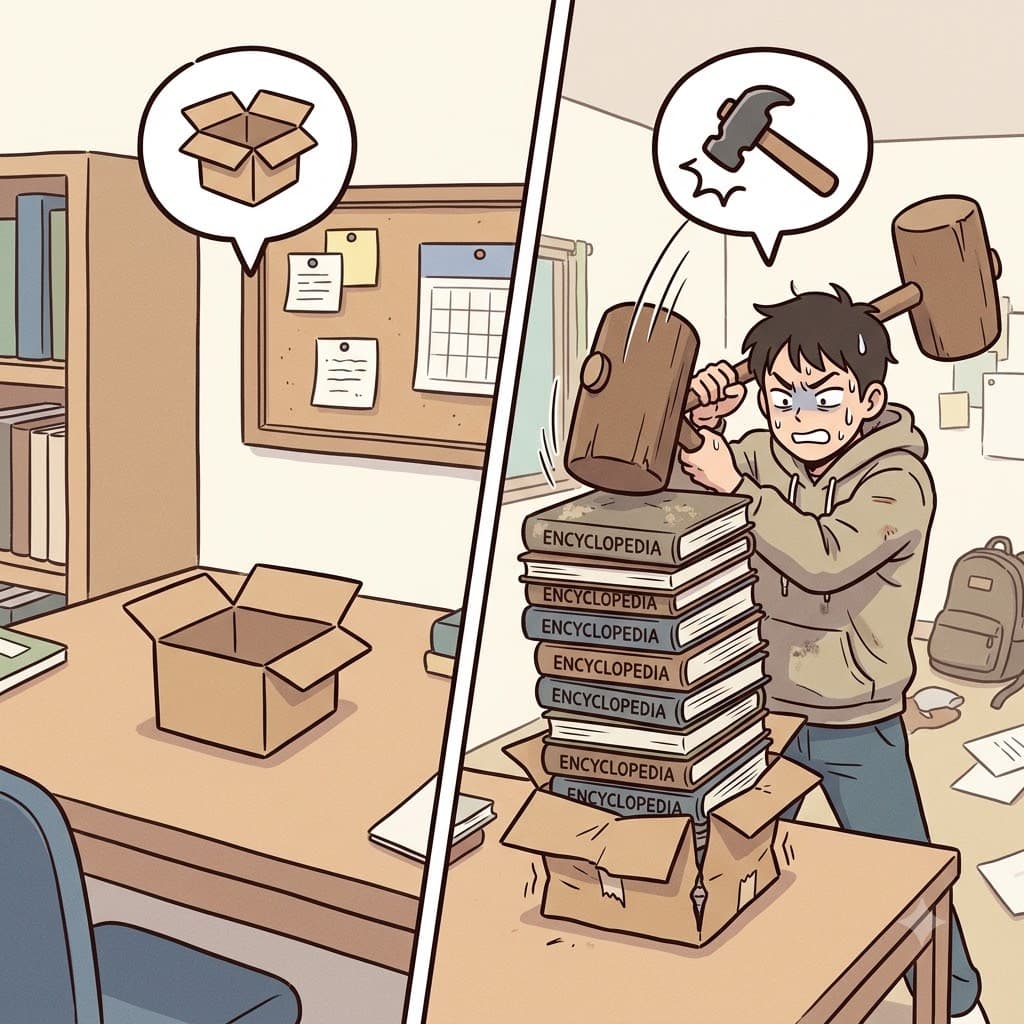 C(상자) + RAM(억지로 쑤셔 넣다) — 거대한 책들을 작은 상자(C)에 억지로 쑤셔 넣으려(RAM) 노력하며, 당황한 학생은 밤을 새워 벼락치기(cram)를 했다.
