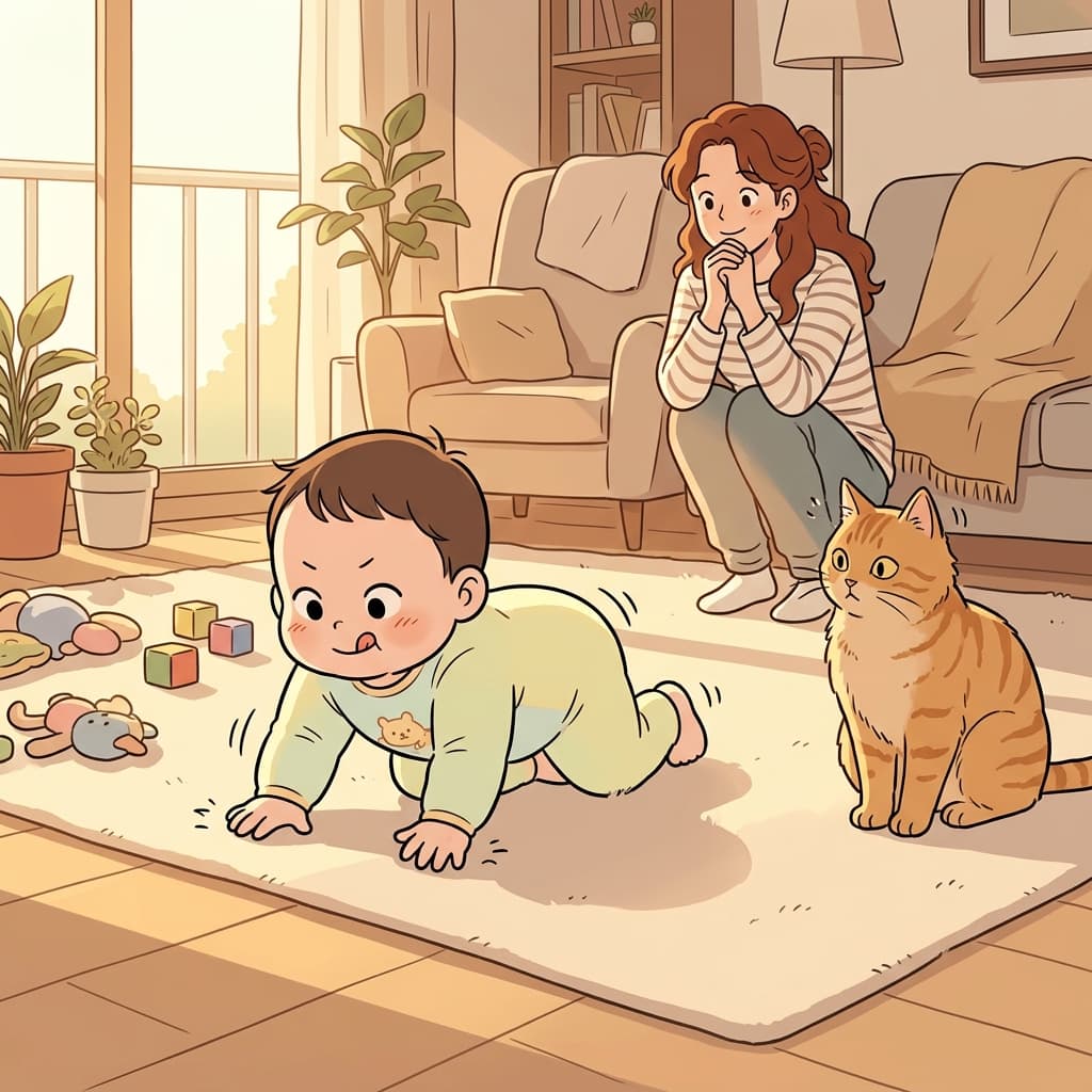 아기가 거실 카펫 위를 기어서 고양이한테 다가간다.