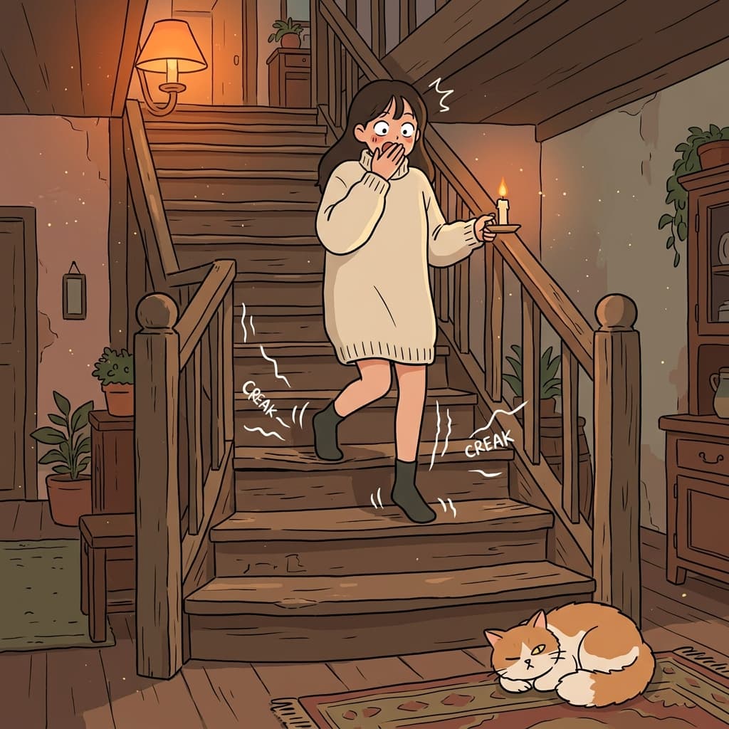낡은 나무 계단이 밟을 때마다 삐걱거렸다.