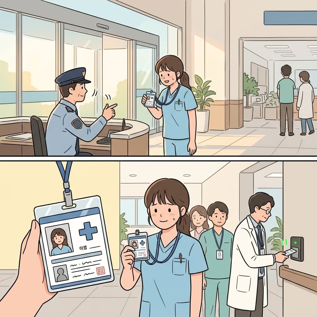 첫 출근 날, 그녀는 병원 입구에서 신분증을 보여준다.