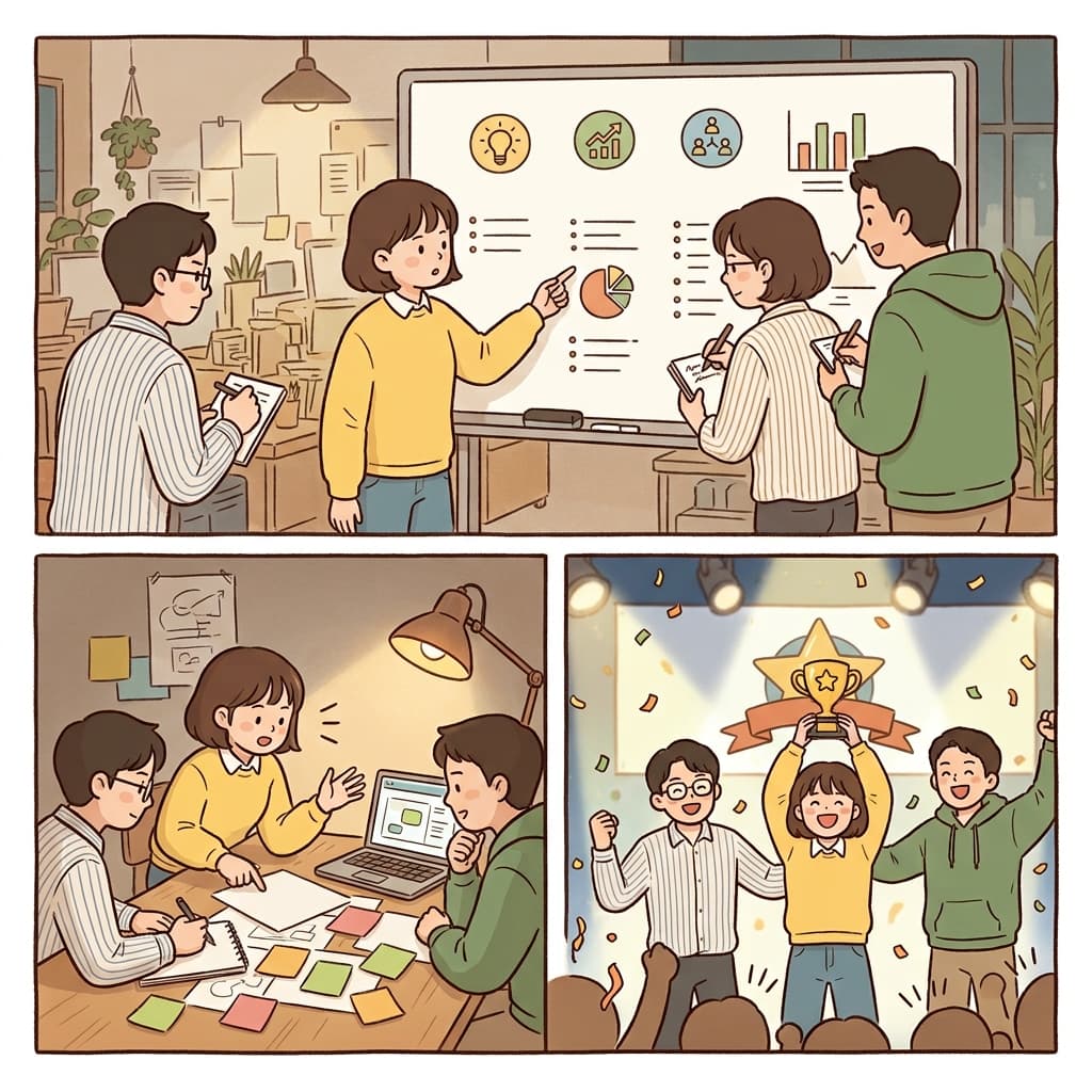 모든 기준(criteria)을 충족한 최고의 아이디어(idea)는 팀을 승리(victory)로 이끌었다.