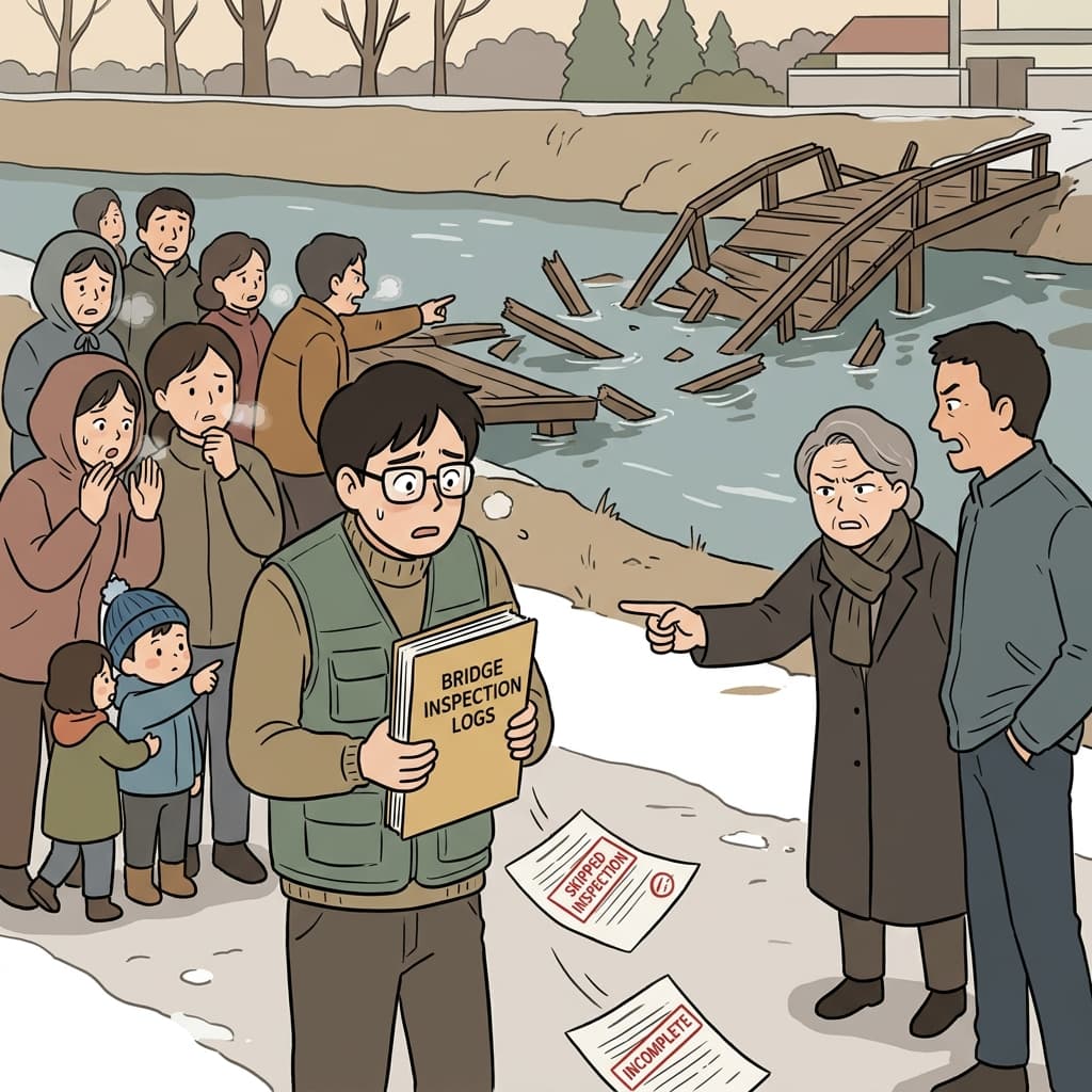 무너진 다리 앞에서 그 엔지니어는 확실히 잘못이 있어 보였다.