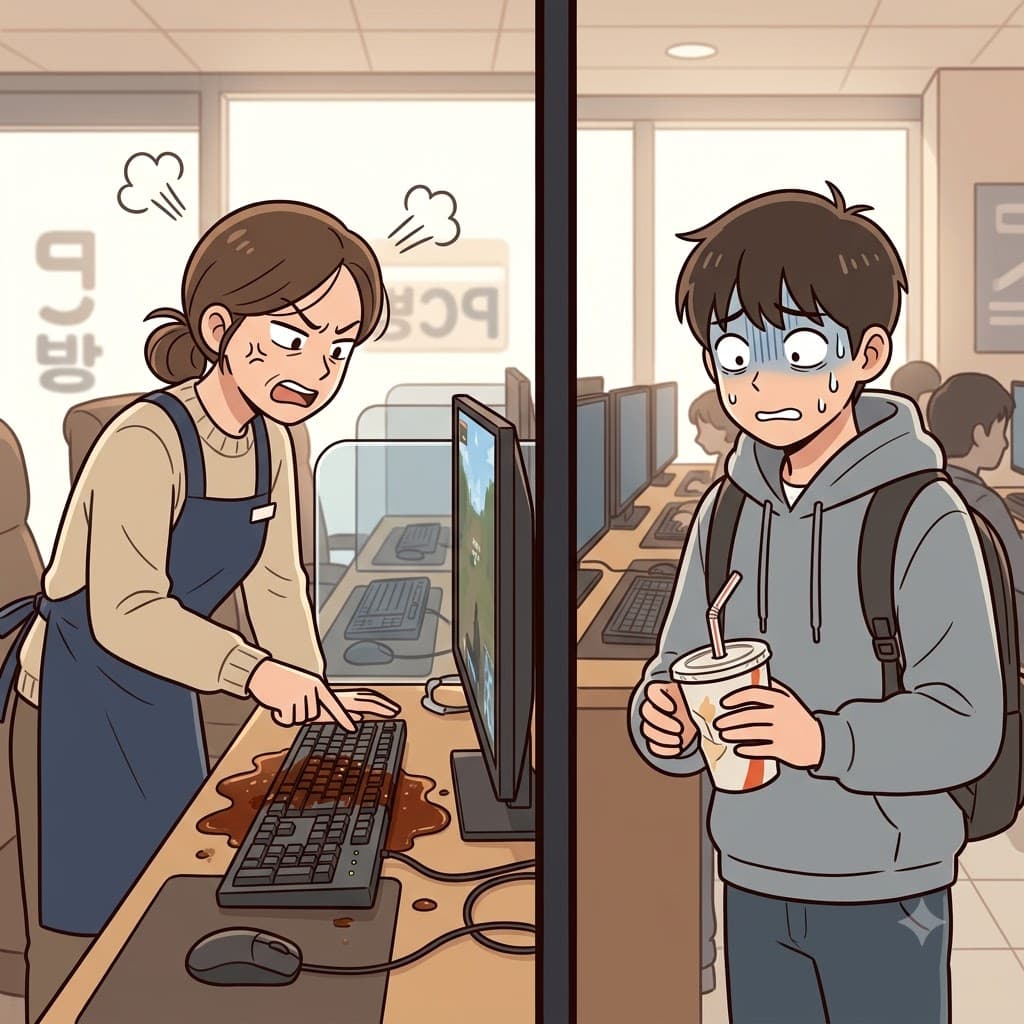 "콜(cul)라 뿌린(prit) 놈!" 빈 컵을 들고 땀을 흘리는 소년이 키보드를 망친 명백한 범인(culprit)이었다.