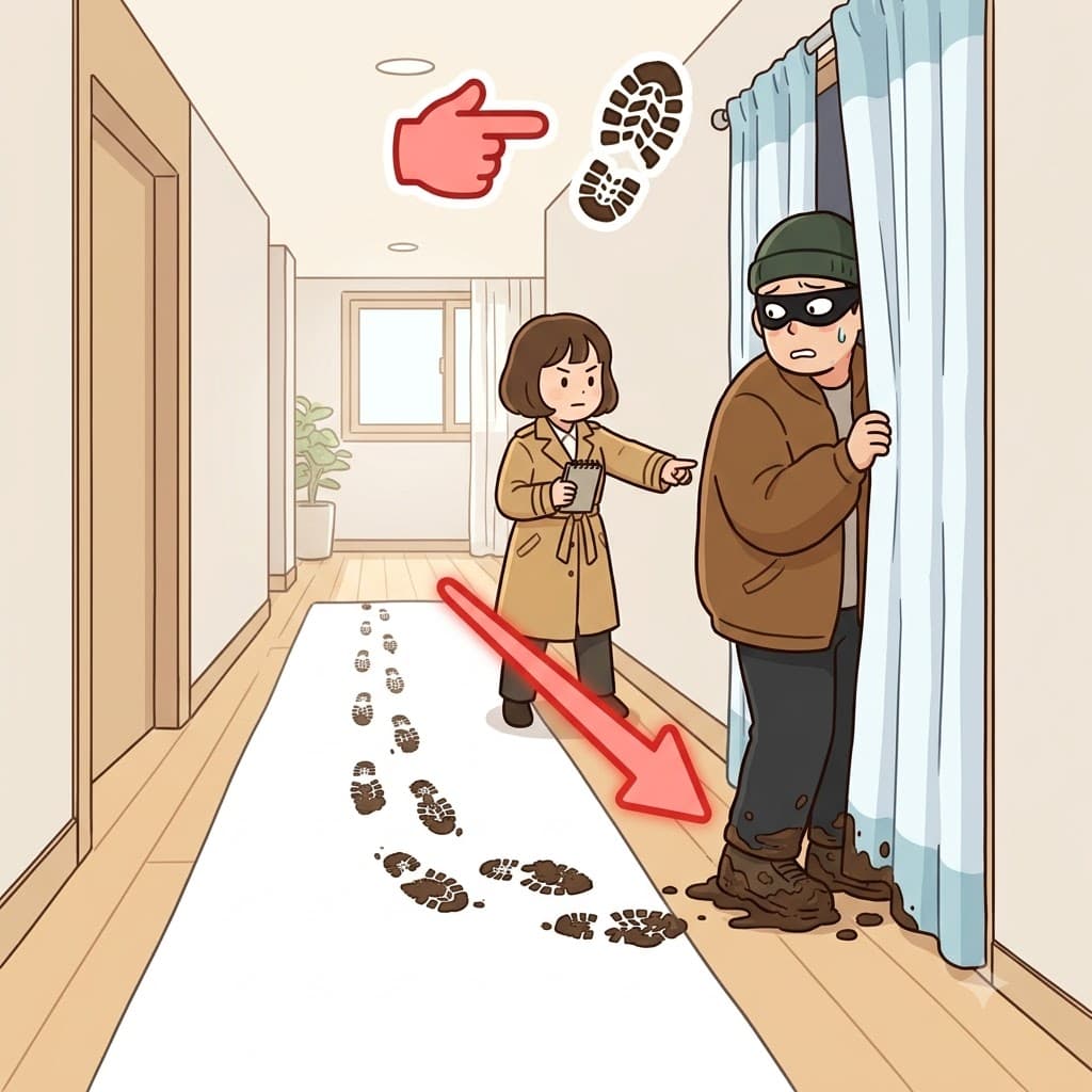 CULP(비난/잘못) + PRIT(발자국/print) — 카펫 위의 진흙투성이 발자국(PRIT)은 숨어 있는 범인(culprit)에게 쉽게 잘못(CULP)을 지우게 했다.