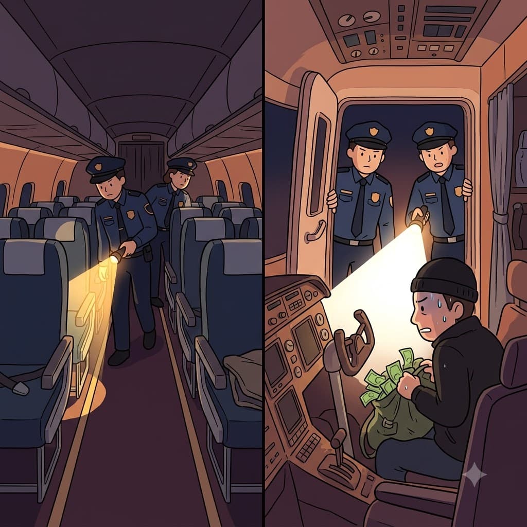 어두운 비행기를 수색하던 경찰은 조종석(cockpit) 안을 들여다보고 마침내 숨어 있던 범인(culprit)을 잡았다.