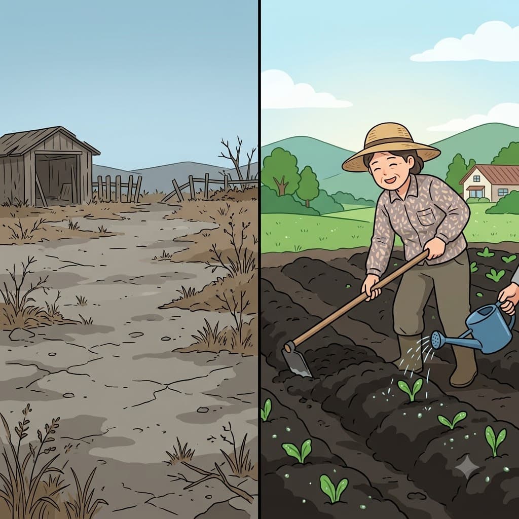 농부가 비옥한 검은 흙을 정성껏 경작(cultivation)한 결과, 건강한 푸른 작물이 줄지어 자랐다.