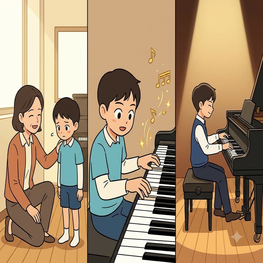 선생님의 격려는 소년에게 동기를 부여하고(motivate) 숨겨진 재능을 깨우도록 했으며(activate), 이는 오랜 피아노 실력의 육성(cultivation)으로 이어졌다.